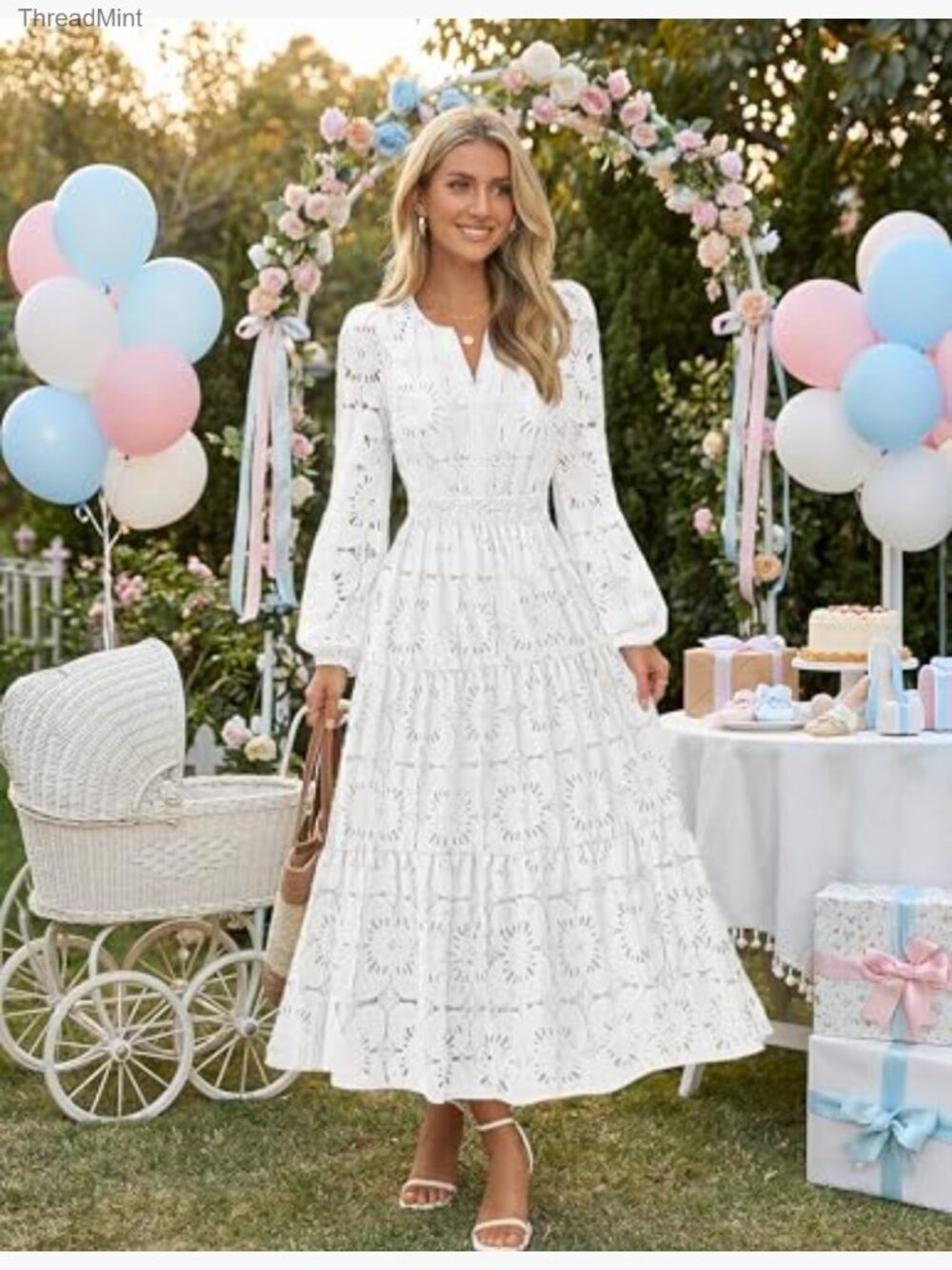 Long Sleeve Floral Maxi Dress with Pockets, Lace Eyelet Hollow Out Tiered Boho - Picture 6 of 7